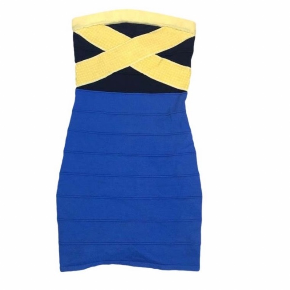 Wow Couture Blue & Yellow Strapless Bandage Dress Sequin Detail